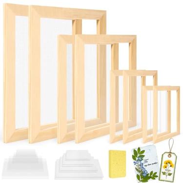 Imagem de Caydo Kit de fabricação de papel de 4 tamanhos, A4, A5, A6, A7, kit de moldura de madeira, molde e deck com malha, papéis absorventes e esponja, artigos criativos feitos à mão para artesanato para