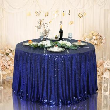 Imagem de Eternal Beauty Toalha de mesa de lantejoulas, toalha de mesa redonda de lantejoulas de 300 cm para festas, bolos, sobremesas, eventos de exibição, azul marinho