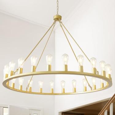 Imagem de HHR Lustre de roda de vagão dourado de 122 cm, lustre redondo de 24 luzes, luminária de sala de jantar para tetos altos, varanda de sala de estar