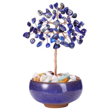 Imagem de GEHECRST Árvore de cristal lápis-lazúli com cristais naturais de cura com base de cerâmica, pedra artesanal Feng Shui, bonsai, árvores de dinheiro para riqueza, boa sorte, decoração de escritório em