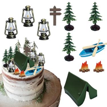 Imagem de Ephlyn 12 peças de topos de cupcake de festa de acampamento, três árvores, barracas, palitos de cupcake, decorações de bolo de acampamento felizes para acampamento, suprimentos de festa, verde