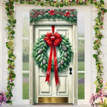 Imagem de BlissYard Faixa vermelha pinha para porta de Feliz Natal, 89 x 189 cm, decoração de porta da frente com vegetação de inverno e guirlanda de neve para exibição de varanda de boas-vindas ao ar livre