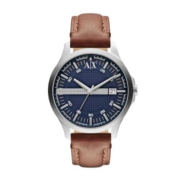 Imagem de A|X Armani Exchange Relógio masculino com mostrador analógico de três ponteiros e janela de data, relógio masculino com pulseira de aço inoxidável ou couro, Azul/marrom, Relógio de quartzo