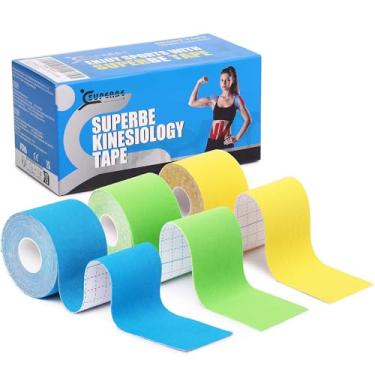 Imagem de Kinesiology Tape K Fita esportiva com 3 rolos, fita cinética para suporte das articulações e alívio da dor muscular, fita de joelho, 5 cm x 5 m (azul, verde, amarelo)