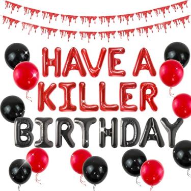 Imagem de LaVenty Have a Killer Horror Birthday Balloon Banner Bloody Halloween Party Banner Decorações Suprimentos Mistério Assustador Aniversário