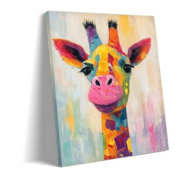 Imagem de Impressão em tela Boho Girafa, Alpaca, cachorro, gato, vaca | Pintura abstrata de animais arco-íris para decoração de berçário de bebê, quarto de meninas | Arte caprichosa para sala de jogos infantil