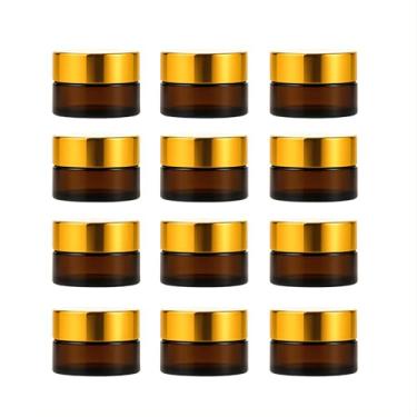 Imagem de 12 pacotes de frascos de creme de vidro âmbar de 5 ml com tampas douradas, pequenos recipientes de cosméticos recarregáveis, frascos vazios, frascos de amostra de viagem para protetor labial, pomada