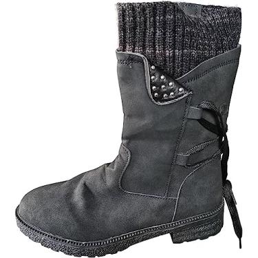 Imagem de Botas femininas de cano curto com bico redondo para neve moda feminina com cadarço salto baixo botas curtas com zíper lateral botas quentes de camurça antiderrapante, Preto, 34 BR