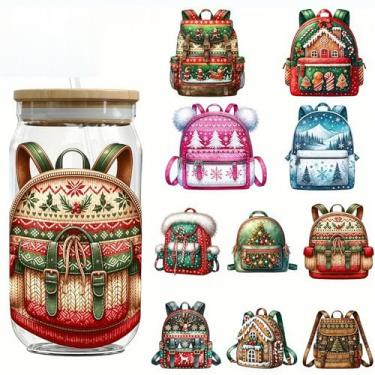 Imagem de 4 peças Merry Christmas Schoolbag Tree UV DTF Cup Wraps Transfer Adesivo Impermeável para Copos de Vidro Mobiliário Artesanato DIY Artesanato, Adesivos de Transferência para DIY Garrafa de Água Laptop