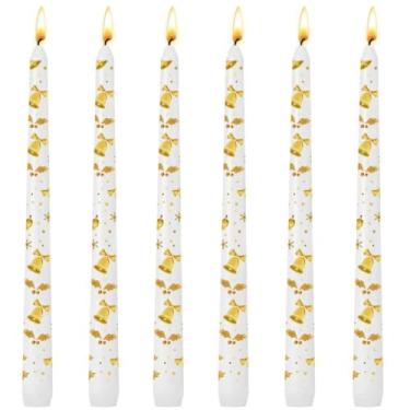 Imagem de Conjunto de 6 velas cônicas impressas para decoração de casa de Natal, castiçais brancos de 25 cm com sinos dourados e padrão de folhas de azevinho para celebração sazonal de férias, velas sem