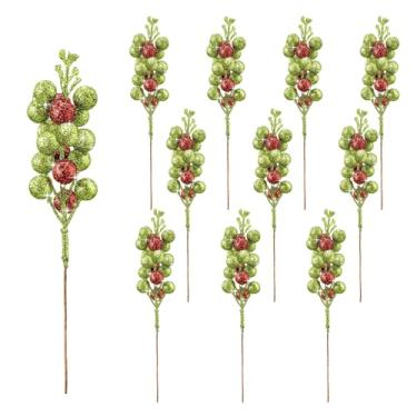 Imagem de UPSTORE 10 hastes de baga com glitter de Natal, 20 cm, vermelho, verde, artificial, azevinho, galhos brilhantes para árvore de Natal, guirlanda de Natal, enchimento de vaso, decorações de artesanato