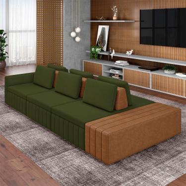 Imagem de Sofá Ilha com Encosto e Almofadas Móveis Olimpo 335cm Modulado Linho/PU Verde/Caramelo G45 - Gran Belo
