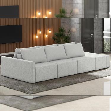 Imagem de Sofá Ilha Modulado Milos 312cm Puff Lateral Linho Cinza G33 - Gran Belo