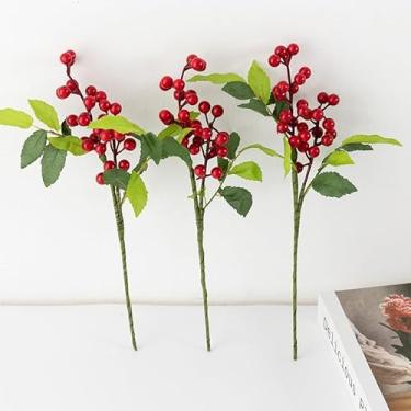 Imagem de 3 peças de bagas artificiais de Natal, caule vermelho, azevinho, flores falsas, planta para árvore de Natal, festa de ano novo, decoração de casa (estilo 2,23 cm)