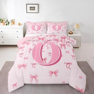 Imagem de jejeloiu Conjunto de edredom com laço rosa para meninas, solteiro, fofo, com laço, letra O, edredom para quarto de crianças, meninos, meninas, monograma, laços coquetes, microfibra, ultramacia