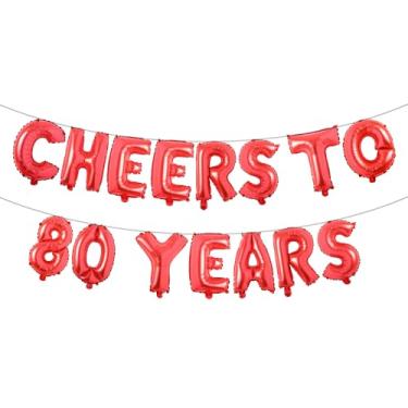 Imagem de Cheers to 80 Years Banner Foil 80º aniversário balão decorações de festa para ele/ela 80 anos decorações de aniversário suprimentos de festa de casamento para homens/mulheres (CHEERS TO 80 YEARS Red)