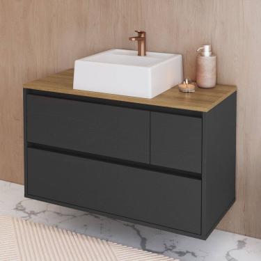 Imagem de Balcão Gabinete de Banheiro Suspenso 80cm 2 Portas e 1 Gaveta com Cuba Belarus Grafite