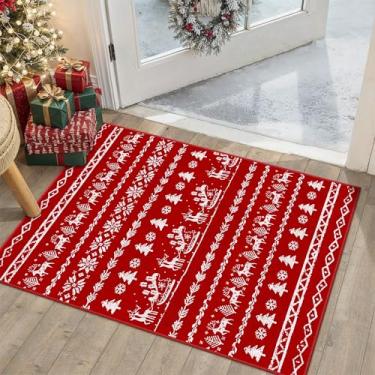 Imagem de PureCozy Tapete para área de Natal, 5 x 7 cm, vermelho, lavável, floco de neve, decoração de férias, capacho de cozinha, antiderrapante, macio, com pelo baixo, tapete pequeno, para uso interno,