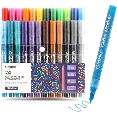 Imagem de Grabie 24 marcadores metálicos com glitter, marcadores de tinta acrílica de ponta fina, canetas de glitter à base de água de secagem rápida para adultos, artesanato DIY, conjunto de 24