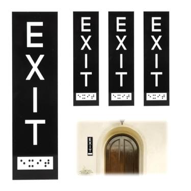 Imagem de 4 placas de saída vertical com braille, placas de saída acrílicas de 17 x 5 cm para negócios Ada com fita adesiva de montagem, letras elevadas, placa de saída ADA para uso interno e externo