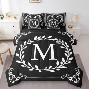 Imagem de Erosebridal Conjunto de edredom monograma letra M com lençóis, preto e branco, 7 peças, tamanho solteiro, boêmio, damasco, floral, em uma bolsa, presentes personalizados para adultos, mulheres