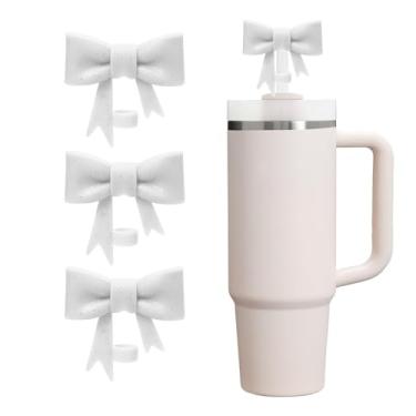 Imagem de CDYLDXG 3 capas de canudo com glitter para copo Stanley, topo de canudo de laço de 10 mm, tampão de silicone para copos de 850 g e copos de 1,134 g, acessórios de copo presente para mulheres (branco)
