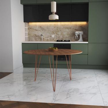 Imagem de Mesa De Jantar Redonda 110Cm Amêndoa Clips 3 Pés Base Cobre Cor: Amendoa