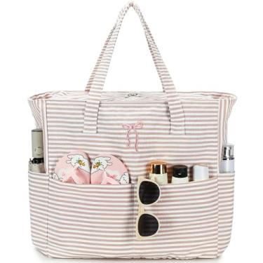 Imagem de Sacola de praia para piscina feminina grande bolsa de ginástica com compartimento molhado para viagens de fim de semana à prova d'água, Laço listrado marrom, X-Large