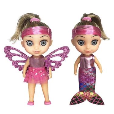 Imagem de Boneca Transformável 3 em 1, Fantasia de Sereia, Fada e Bailarina, Vestido Rosa e Roxo com Asas Brilhantes, Brinquedo Infantil