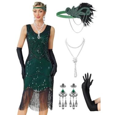 Imagem de RRYIO Vestidos melindrosa anos 20 para mulheres, mangas transparentes com contas, vestidos Gatsby, fantasias dos anos 20 com acessórios (preto-verde, G)