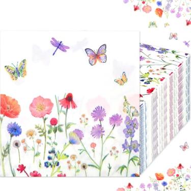 Imagem de Guardanapos florais de primavera descartáveis, design elegante de borboleta de flores silvestres, toalhas de mão de papel decorativas de 3 camadas para casamento, chá de panela, chá de bebê