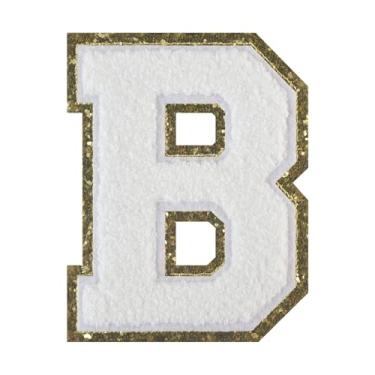 Imagem de 1 PÇ Patch de letra de chenille de ferro branco de 11,4 cm com borda dourada – Remendos do alfabeto para roupas, jaquetas, mochilas, chapéus para decoração personalizada, nome personalizado e