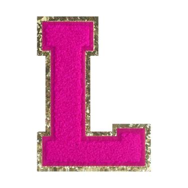 Imagem de 1 peça de patch de letra de chenille rosa de 11,4 cm com borda dourada – Remendos do alfabeto para roupas, jaquetas, mochilas, chapéus para decoração personalizada, nome personalizado e artesanato. (G