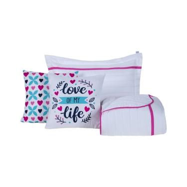 Imagem de Kit Cobre Leito 4 Peças Solteiro Inove Percal 200 Fios 100% Poliéster - Love Branco/pink