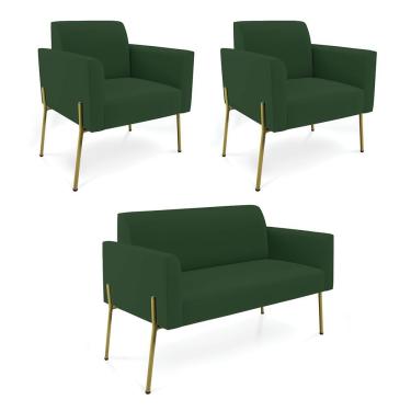 Imagem de Sofá Namoradeira E 2 Poltronas Pé De Ferro Dourado Marisa Veludo Verde