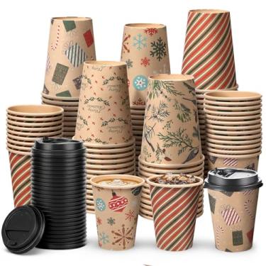 Imagem de FoldTier 100 peças de copos de papel de Natal de 340 g com tampas Xícaras de café descartáveis de Natal Papel Kraft para beber festa de Natal Suprimentos para bebidas quentes e frias de cacau