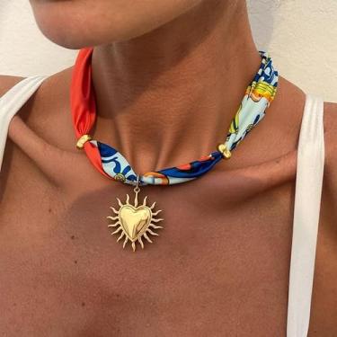 Imagem de Colar de cachecol feminino com pingente de coração de seda vermelho roxo laranja concha concha, Medium, Latão, Sem Pedra Preciosa