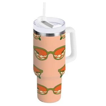 Imagem de Kigai Copo de 850 g com alça, copos bonitos com isolamento térmico com tampa e canudo, grande garrafa de água esportiva de metal, caneca de café de viagem de aço inoxidável