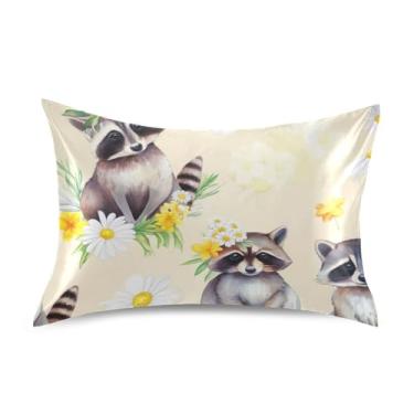 Imagem de Fronha King Queen Padrão Guaxinins Lindos Margaridas Brancas Bege Cetim Fronhas Fofas Personalizadas Cama Refrescante Fronha Macia King Size 101,6 cm x 50,8 cm