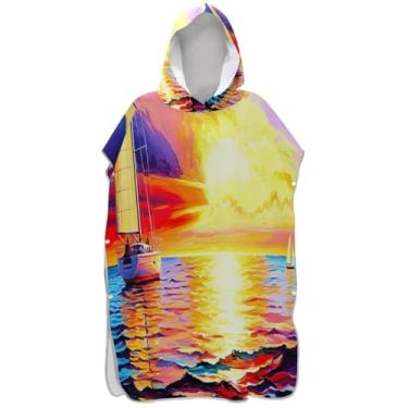Imagem de Joisal Poncho de surfe vestível para trocador adulto toalha de natação com capuz bonito veleiro brilhante pôr do sol do mar ponchos femininos com capuz