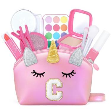 Imagem de Lindas bolsas transversais rosa para Preppy Her bolsa de unicórnio com inicial personalizada para maquiagem presentes de aniversário, Rosa - C, Bonito