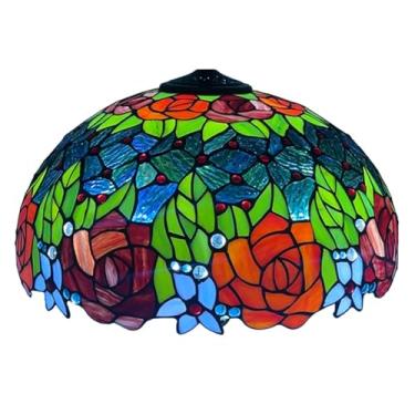 Imagem de Cúpula de vidro em formato de rosa de 40 cm (16 polegadas), compatível apenas com abajures de vitral estilo Tiffany, cúpula floral retrô em tons de vermelho e laranja para luminária de mesa,