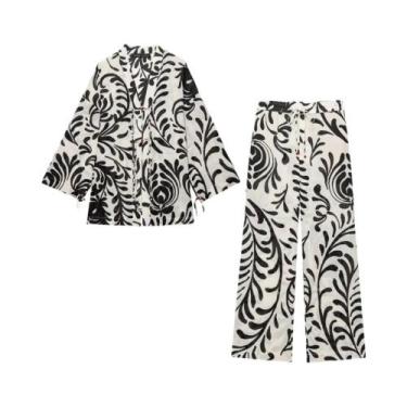 Imagem de Outono feminino novo elegante estampado estilo quimono agasalhos e cal