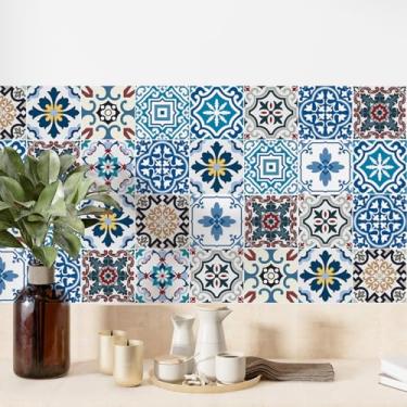 Imagem de meihea Pacote com 30, adesivos ecléticos de azulejo mediterrâneo de 10 x 10 cm, vinil colorido de mosaico para decoração de backsplash, escadas e móveis