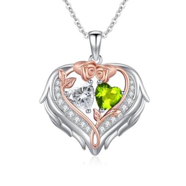 Imagem de WYDDO Colar de coração com asas de anjo para mulheres, pedra do mês de nascimento duplo, pingente de flor de rosa, presente ideal para aniversário, Natal, presente para esposa, mãe, namorada, filha