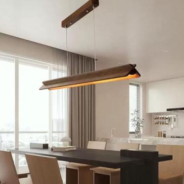Imagem de Lustre LED de madeira com pendente, luminária de teto para sala de jantar, design regulável, luminária pendente para sala de estar, altura ajustável para sala de jantar, escritório e cozinha