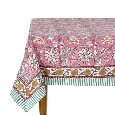 Imagem de Ridhi Toalha de mesa de algodão rosa doce com estampa de bloco de mão, lavável e reutilizável, capa de mesa floral boho para jantar, casamento, decoração do dia a dia de Ação de Graças, quadrada 152 x