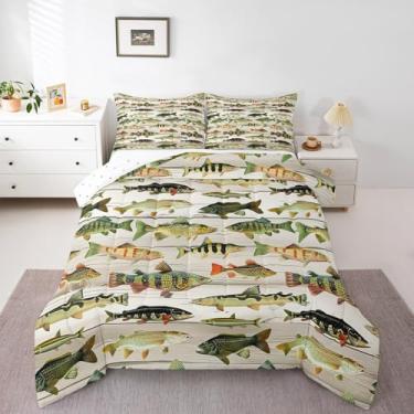 Imagem de Feelyou Conjunto de edredom King com estampa de peixe robalo, para crianças, meninos, meninas, bege, madeira, prancha, edredom respirável, macio, leve, microfibra para decoração de quarto