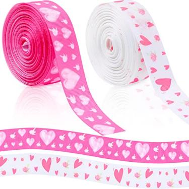 Imagem de 2 rolos 20 jardas de fita de gorgorão para o dia dos namorados 19 cm com corações impressos para artesanato rosa fitas decorativas para embrulho de dia dos namorados laços de cabelo