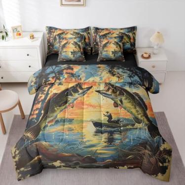 Imagem de Erosebridal Conjunto de cama Queen com 7 peças, pescador, lago, pôr do sol, barco, ondas de água, retrô, árvores, robalo, cana de pesca, para adolescentes, homens e mulheres